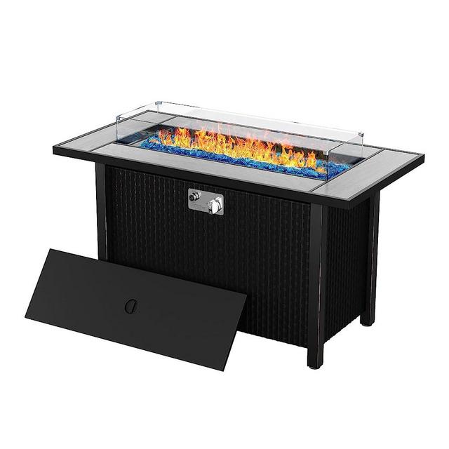 Shintenchi 45 Inch Propane Fire Pit Table with Glass Window Protector, Outdoor 50,000 BTU Steel Gas Fire Pit with Lid, Glass Crystal Stone, Waterproof Cover and Rattan Pattern for Patio, Yard, Party