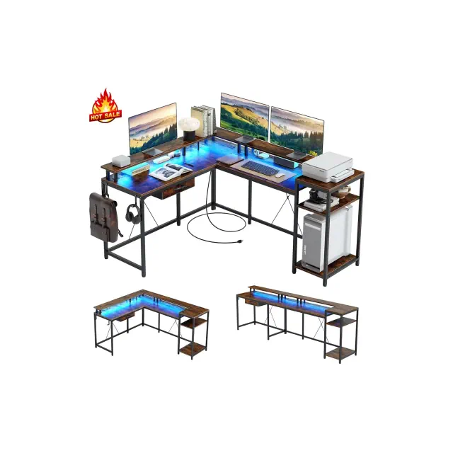 Whizmax L Shaped Gaming Desk,68" Computer Desk with Power Outlets & LED Lights, Desk with File Drawer, Corner Desk with Monitor Shelf and Hook, Brown