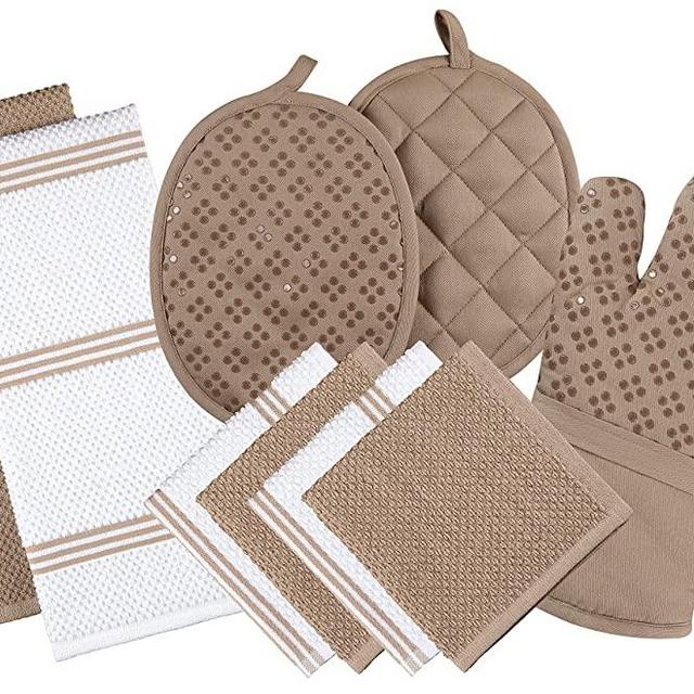 Sticky Toffee Silicone Printed Oven Mitt & Pot Holder, Cotton Terry Kitchen Dish Towel & Dishcloth, Tan, 9 Piece Set