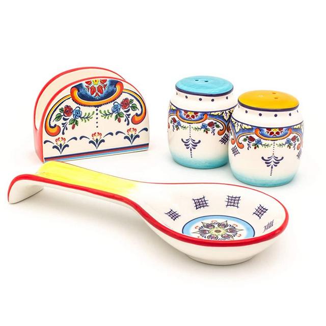 Euro Ceramica Zanzibar Collection Vibrant Ceramic Tableware Necessities, 4 Piece Completer Set, Spanish Floral Design, Multicolor
