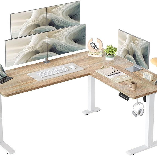 TIQLAB L Shaped Standing Desk Adjustable Height, Electric Corner Standing Desk, 63 x 55 inch Sit Stand Computer Table with Splice Board, Maple