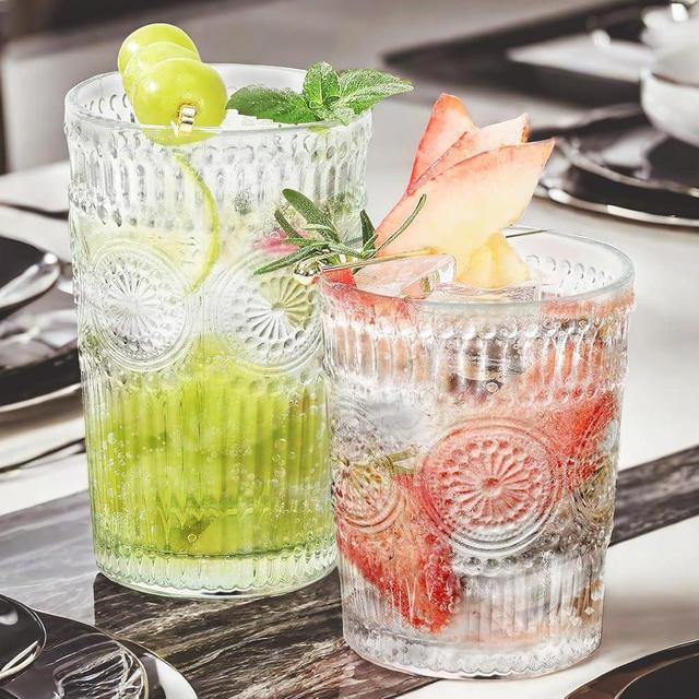 Loivttvv 12pcs Vintage Drinking Glasses Set, 13 oz Highball Glasses & 10 oz Embossed Ribbed Glassware Cups for Cocktail, Water, Juice, Coffee, Whiskey (Clear)