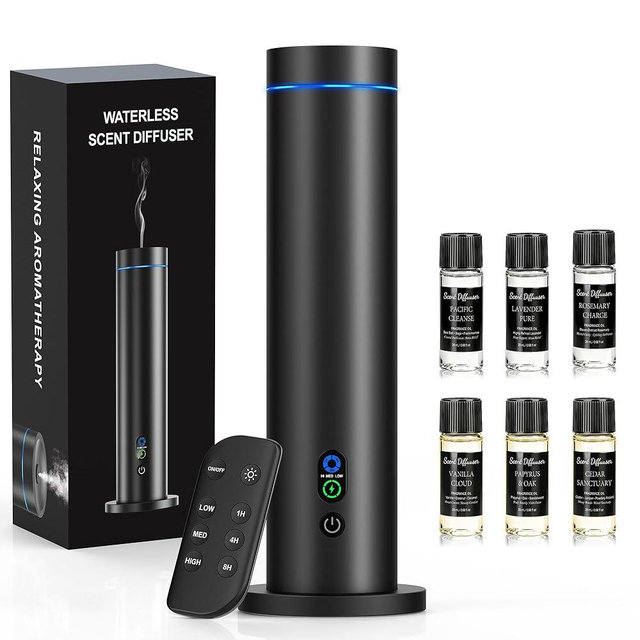 Maromalife Waterless Diffuser, Essential Oil Diffuser, 1000 Sq.Ft Coverage Scent Diffuser – Plug-in Only, Adjustable Mist, Remote, Mood Lights for Home & Office, Large Room, Hotel, Black