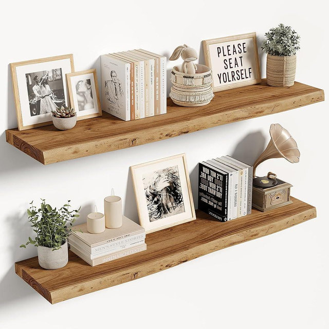 Vivelove Live Edge Floating Shelves 36 inch, Elm Wood Shelf with Invisible Bracket, Rustic Farmhouse Wall Shelf for Living Room Bedroom Bathroom Office Book, 36x8 - Set of 2 - Natural