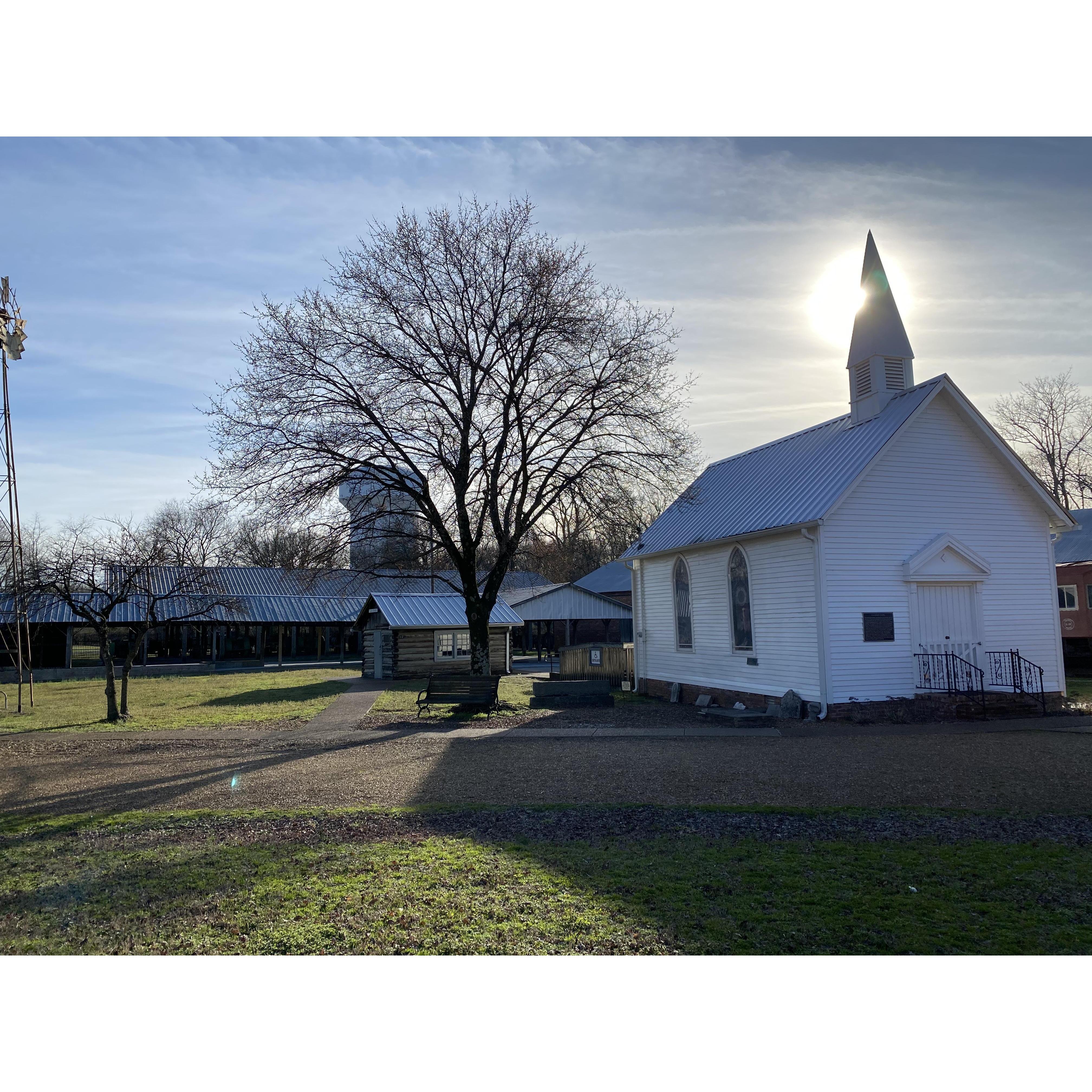 Here’s another shot of the venue. The ceremony will be in the chapel and you can see the reception site in the back.