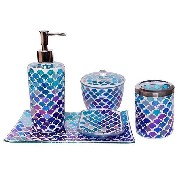 FORYILLUMI Mosaic Glass Bathroom Accessory Sets 5Pcs Decorative Home Collection Handmade Accessories Set Includes Soap Dispenser Toothbrush Holder Vanity Tray Soap Dish Cotton Jar for Décor（Blue）