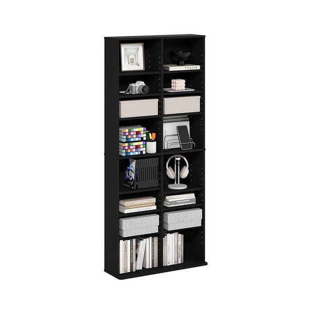 Furinno Jaya DVD Shelf, 16-Shelf Wide CD Rack, Media Shelf with Adjustable Shelves, 8 x 2 DVD Storage Cabinets for CD Blueray Game Disc, Easy Assembly, for Living Room, Home Office, Americano