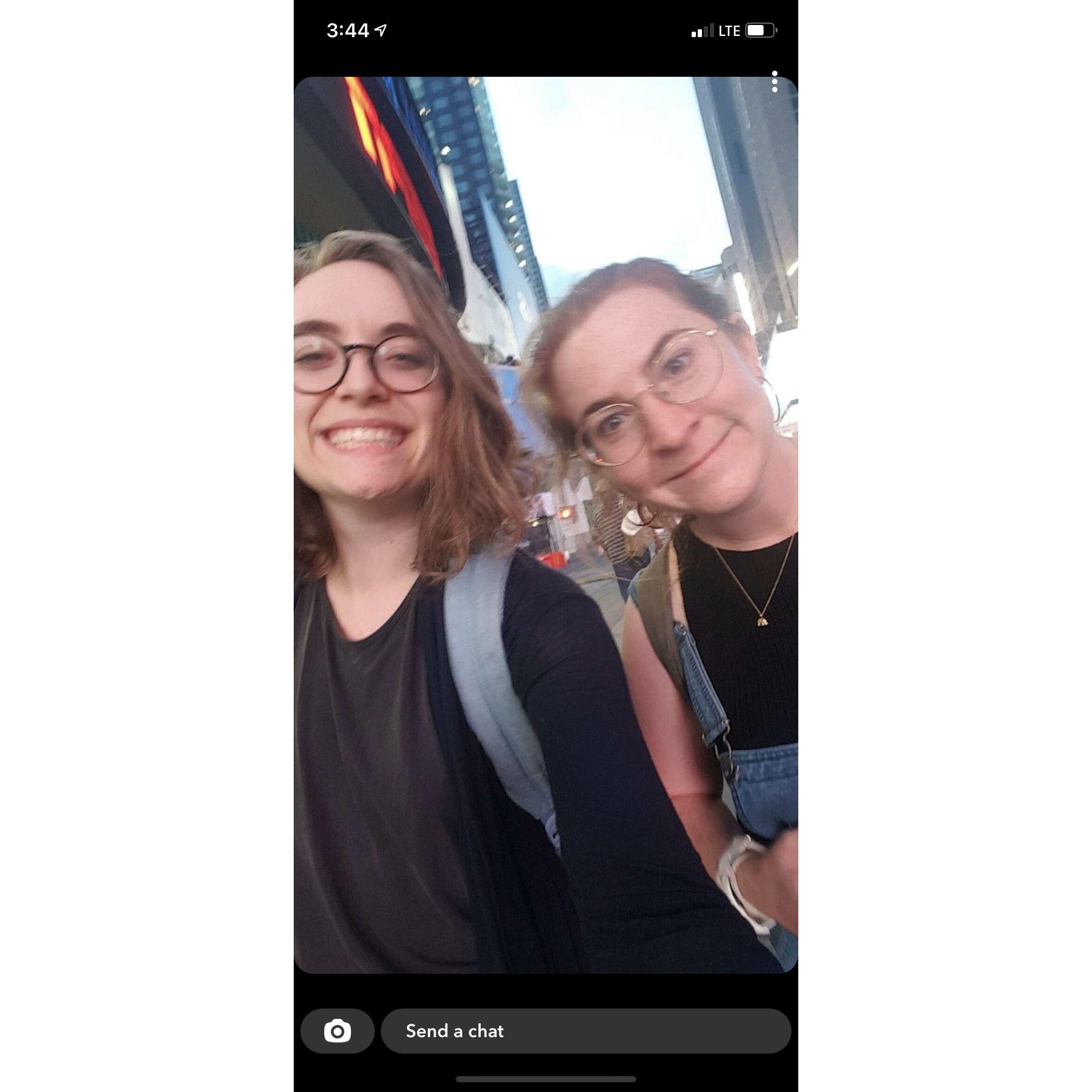 The first photo we took after the first night we met! We stayed up writing a play in 24 hours, then took this groggy snapchat in Times Square at 6am