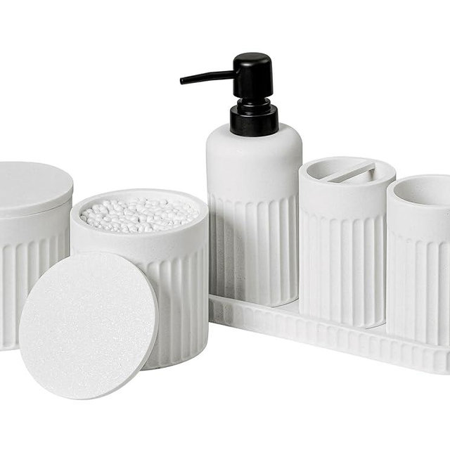 INIUNIK Bathroom Accessory Set - 6 Pieces Bathroom Accessories Set Complete with Soap Dispenser, Toothbrush Holder, Tumbler, Vanity Tray and 2 Qtip Holder for Home Organizer and Decor, White