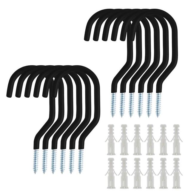 Sinoer 12 Pack Bike Hooks/Bicycle Storage Hooks Set, Wall Mount Screw Ceiling Utility Hooks with 12 Expansion Tubes for Shed, Garage, Garden -Black