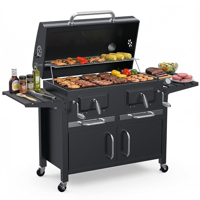 Bestfire 63" Oversized Charcoal BBQ Grill & Smoker, Large Outdoor Grill with 2 Individual Lifting Charcoal Trays, Cabinet-Style Charcoal Grills with Foldable Side Tables, 4 Wheels, Asadores de Carbon