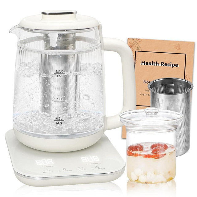 Double-Layer Electric Kettle1.5L with Stew Pot,Glass Health Pot, 9-in-1 Glass Tea Maker, Programmable Touch Panel, Stainless Steel Base for Soup, Porridge, Herbal Tea