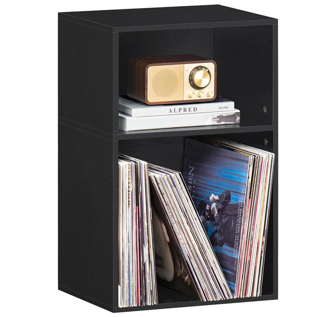 YAHARBO 2 Cube Bookshelf, Black Record Player Stand with Vinyl Storage Up to 100 Albums, Horizontal Book Shelf, Small Cubby Bookcase with Storage Organizer, Turntable Stand for Living Room, Bedroom