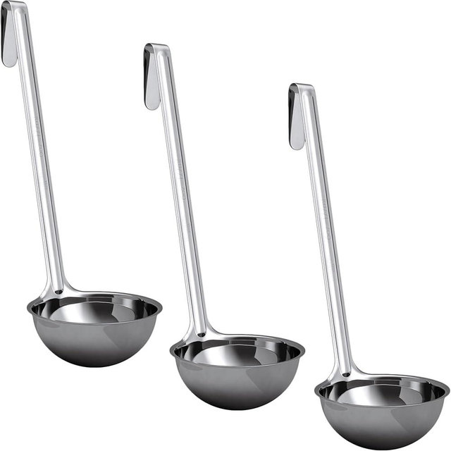 Super Sturdy, Ergonomic 6 Oz. Soup Ladle 3 Pk. Stainless Steel Ladles with Long Handles. Best Kitchen Accessories for Stirring, Portioning and Serving Soups, Chili and Stew in Restaurants and at Home
