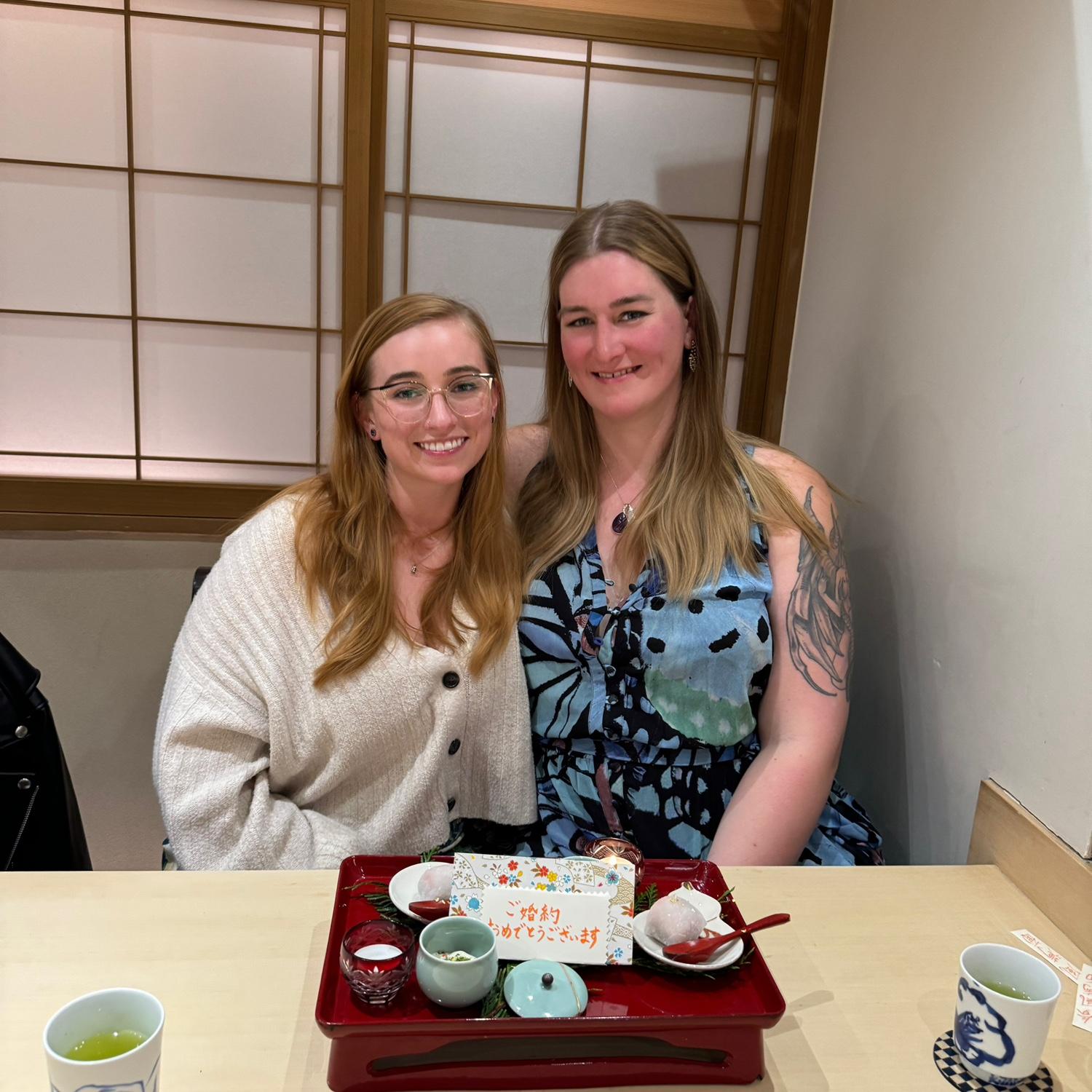 In Paris at dinner after getting engaged April 2024, Japanese is a fav for us!