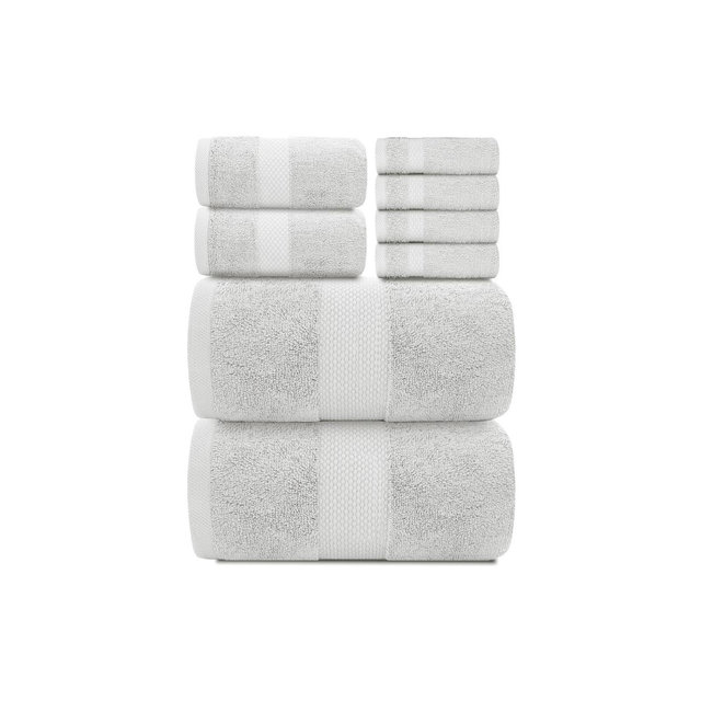 White Classic Luxury 100% Cotton 8 Piece Towel Set - 4x Washcloths, 2x Hand, and 2x Bath Towels - Silver