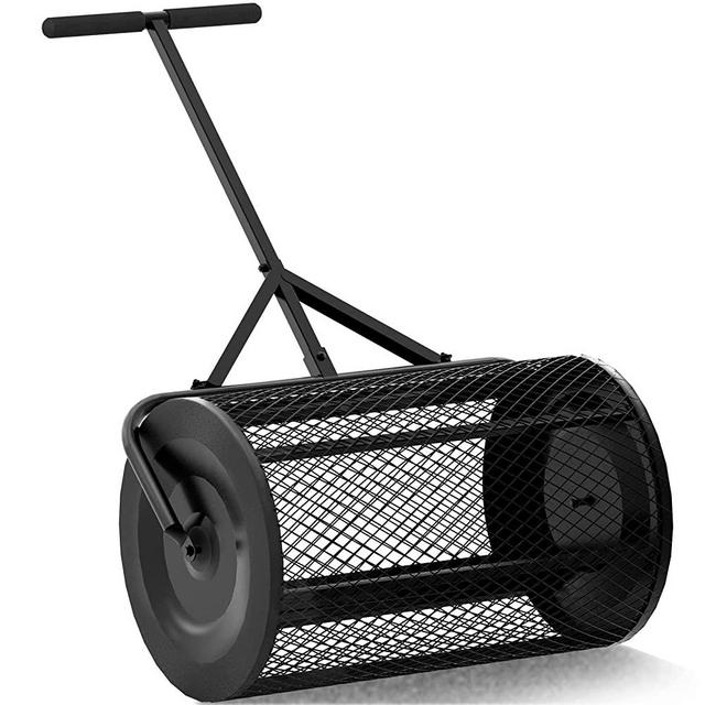 Walensee 24 Inch Compost Spreader Peat Moss Spreader with Upgrade T Shaped Handle for Planting, Seeding, Durable Lightweight Metal Mesh Spreader for Lawn and Garden Care Manure Spreaders Roller, Black