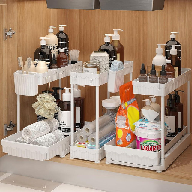 Sevenblue 3 Pack Multi-Purpose Under Sink Organizers and Storage, 2025 L-Shaped Pull Out Cabinet Organizer for Bathroom & Kitchen, Under Cabinet Organizer with Hooks Hanging Cup, White, 14.85 inch