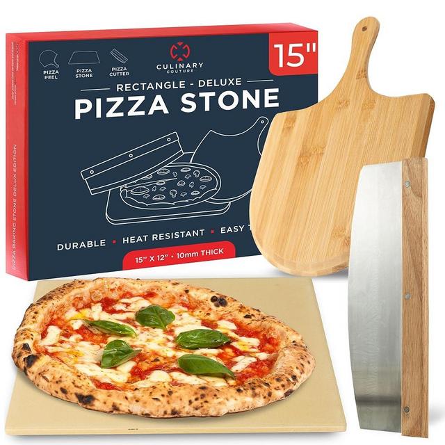 15 x 12 Inch Rectangular Cordierite Pizza Stone for Grill and Oven, with Wooden Peel and Cutter - Deluxe