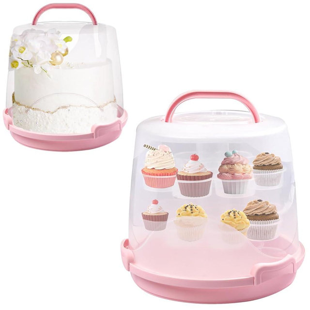 HomDSim Cake Carrier Round Cake Stand Plus Height Cake Container with Cupcakes Pad, Handle, Lid Reusable Package Box for Transporting Desserts,Pie,Toast,Fruit (10" Pink)