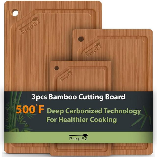 Prep EZ Heavy-Duty Cutting Boards for Kitchen – (Pack of 3) Wood Cutting Board Set – Bamboo Cutting Board Set with Deep Juice Grooves – Ideal for Chopping Meat, Vegetables & Fruits etc.