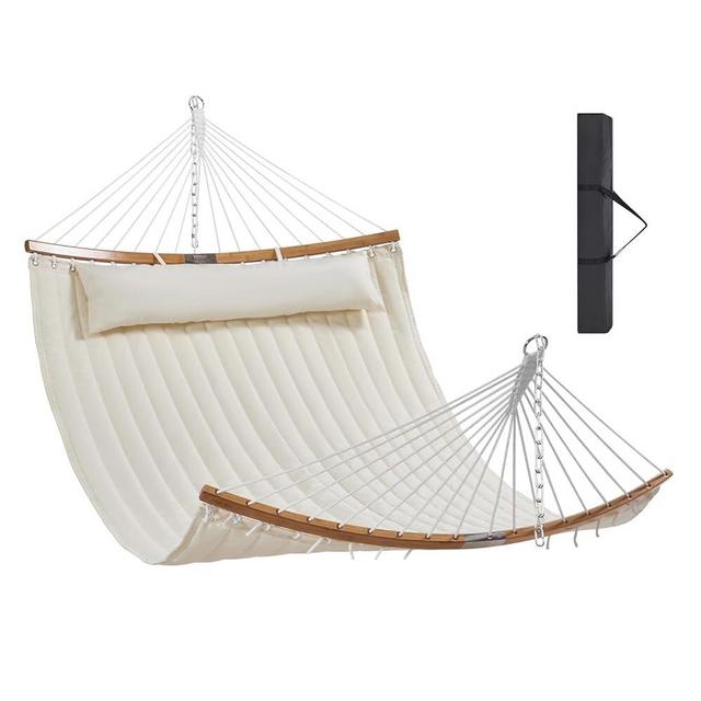 VEVOR Quilted Hammock, 55 in, Secure Quilted Fabric Hammock with Strong Metal Ring Buckles & Galvanized Chain, Detachable Curved Wood Hammock with Storage Bag, Fit for A Family of Three