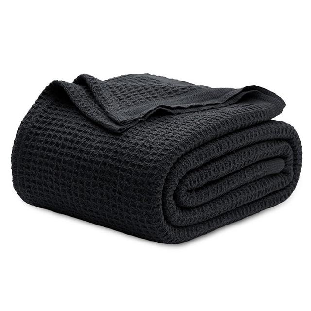 Bedsure 100% Cotton Blankets King Size for Bed - Waffle Weave Blankets for Summer, Lightweight and Breathable Soft Woven Blankets for Spring, Black, 104x90 inches
