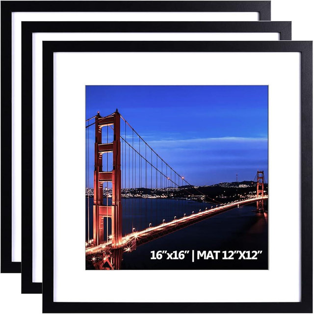 Yaetm 16x16 Picture Frame Black Set of 3, Square 16x16 Frame, Displays 12x12 with Mat or 16 x 16 without Mat, Gallery Wall Frames 16x16 for Wall Mounting (3 Pack, Black)