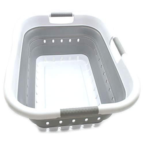 SAMMART Collapsible Plastic Laundry Basket - Foldable Pop Up Storage Container/Organizer - Space Saving Hamper/Basket (3 Handled Rectangular, White/Grey)