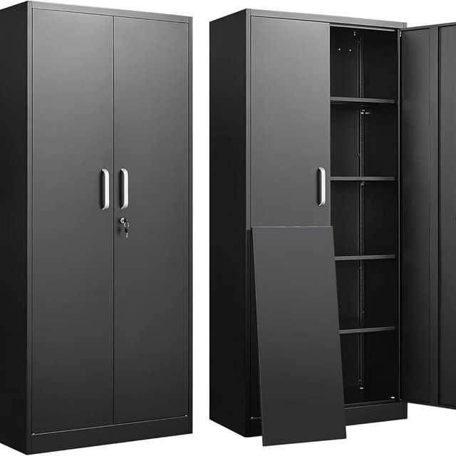 Guizeeopo Metal Storage Cabinet with Adjustable Shelves, Garage Storage Cabinets with Doors and Shelves, File Cabinets for Home Office, Kitchen Pantry Cabinet, 71'H, Black