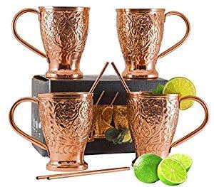 Moscow Mule Pure Copper Mug Set - Bonus Copper Straws / Stir Sticks for Cocktails, Juleps & Russian Mules. Kamojo Gift Set of 4 Mugs