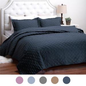Quilt Set Solid Navy Blue Full/Queen(86"x96") Basketweave Pattern Lightweight Hypoallergenic Microfiber "Simone" by Bedsure