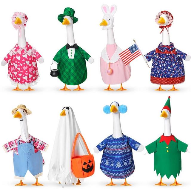 Silicherry 8 Set Seasonal Holiday Goose Outfits Summer 4th of July Spring All Seasons Lawn Porch Goose Clothes Costume for 23" Cement Statue Garden Patio Outdoor Decoration(Basic Style)