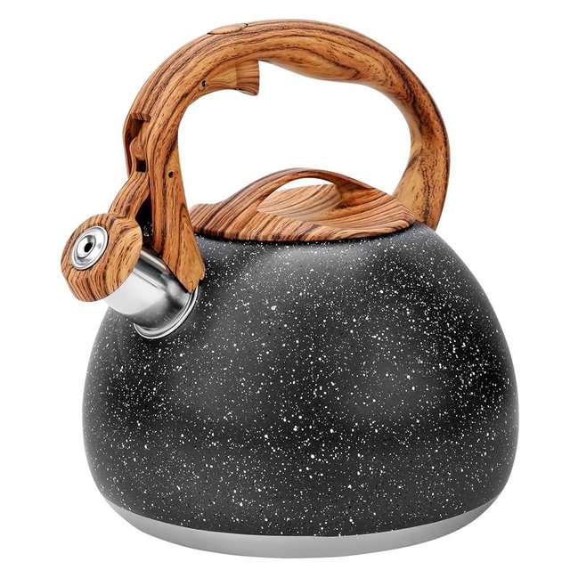 GGC Tea Kettle for Stove Top, Loud Whistling Kettle for Boiling Water Coffee or Milk, 3.1 Quart Heavy Stainless Steel Starry Black Kettle with Wood Pattern Handle, Unique Button Control Kettle Outlet