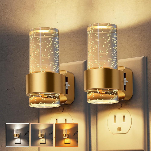 L LOHAS LED Night Lights Plug into Wall, 2 Pack Mini Dimmable Night Light with Dusk-to-Dawn, Soft White/Cool White/Amber 3 Light Color, 0-100LM Adjustable Brightness, Bubble Nightlight for Hallway