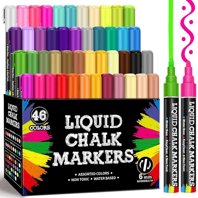 46 Pack Liquid Chalk Markers for Blackboard, Dry Erase Markers Pens for Chalkboard Calendar Window Car Glass, 6mm Reversible Tip, Dust-Free Chalk Pens for School Bistro Businesses Restaurants