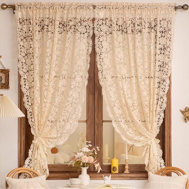 YIPINXIU Victorian Beige 3D Floral Knitted Woven Lace Sheer Curtain Valance for Kitchen Small Window Princess Style Embroidery Romantic Rose Voile Drapes Rod Pocket 2 Panels (Beige,W51xH47 inch)