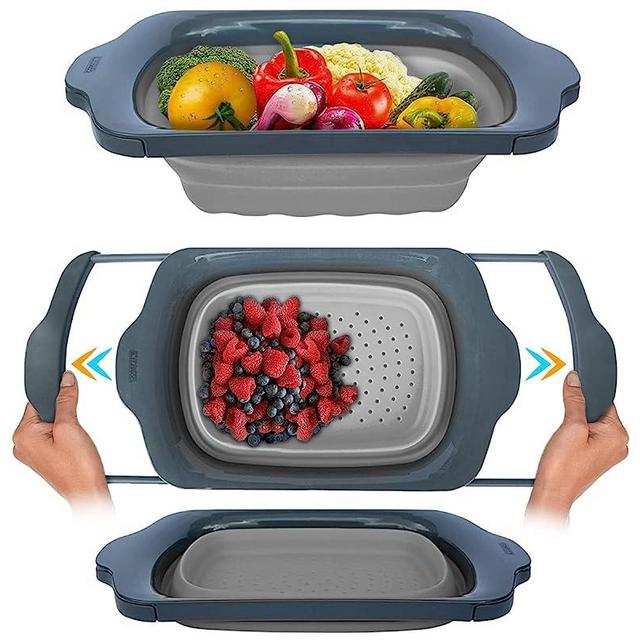 XL Large Kitchen Strainer by Comfify - Collapsible Silicone Over-The-Sink Colander with Extendable Handles - Use with Pasta, Fruit, Berries & Veggie - 6 Quart - Gray
