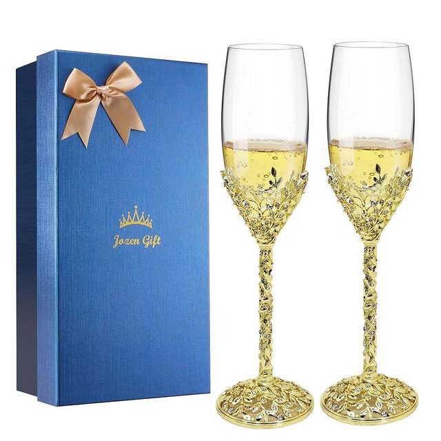 Jozen Gift Gold Champagne Flutes -His and Hers,Wedding Toasting Glasses for Wedding,Engagement Celebrations, Bridal Shower and Registry Idea,Wine Glasses for Bride and Groom Gifts,7oz (Light Glod)