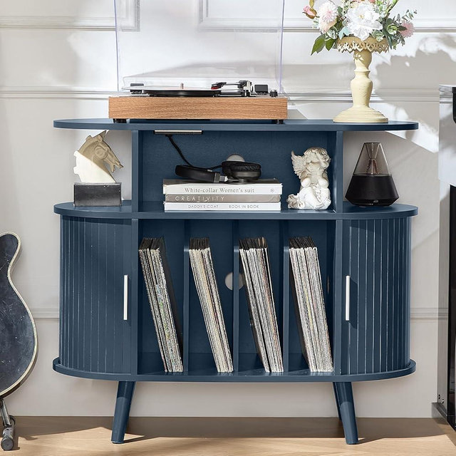LELELINKY Small Round Record Player Stand with Charging Station & Fluted Panel,Navy Blue Mid Century Modern Turntable Cabinet with Vinyl Storage, Arched Wood Record Player Table for Living Room