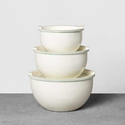 3pk Enamel Serve Bowl Sour Cream with Silver Green Rim - Hearth & Hand™ with Magnolia