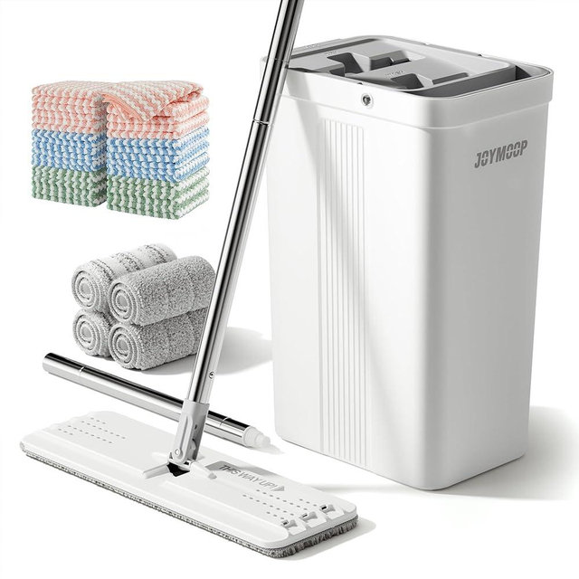 JOYMOOP Hands-Free Mop and Bucket with Wringer Set with Microfiber Cleaning Cloth, Househould Cleaning Tool of Floor Mop and Kitchen Towels