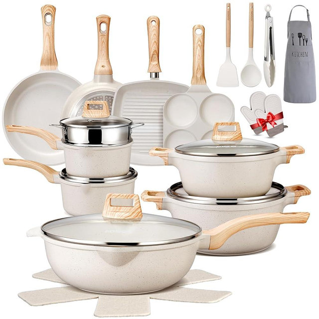 AOSION 27PCS Pots and Pans Set, Nonstick Ceramic Cookware Set, Healthy Kitchen Cooking Set with Gloves, Apron, Silicone Tools & Pot Protectors, Oven & Dishwasher Safe, PFOA/PFOS Free，Ivory