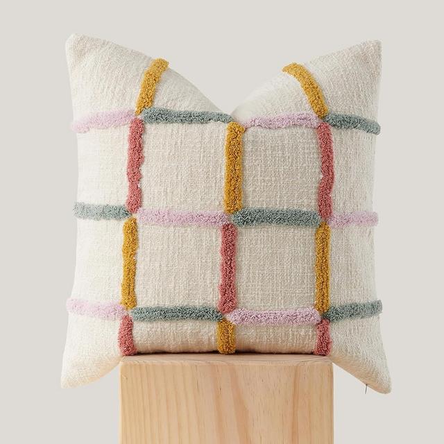 Double Stitch by Bedsure 100% Cotton Tufted Throw Pillow Cover - Boho Decorative Pillow Cover, Cute Couch Cushion Cover, Perfect House Warming Gift, 20"x 20", Multi