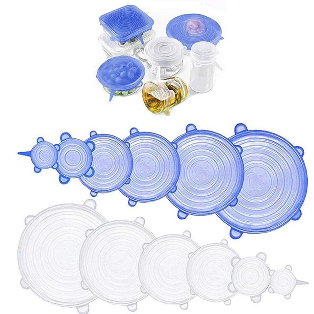 Silicone Stretch Lids (Set of 12),Reusable Food Container Cover Seal for Bowls, Mugs, Jars, Pots, Cans of Various Sizes (Blue+Clear)