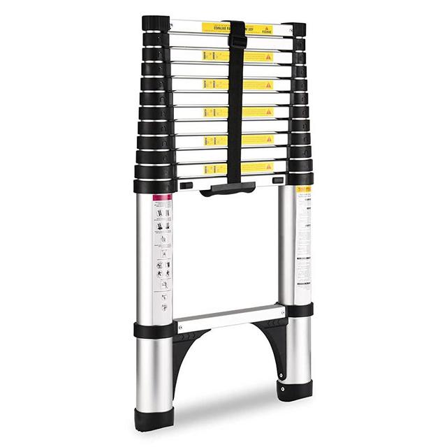 Soctone Telescoping Ladder, 12.5 FT Aluminum Button Retraction Extension Ladder with 2 Triangle Stabilizers, Multi-Purpose Ladder with Slow Down Design, 330lbs Max Capacity for House Daily Life