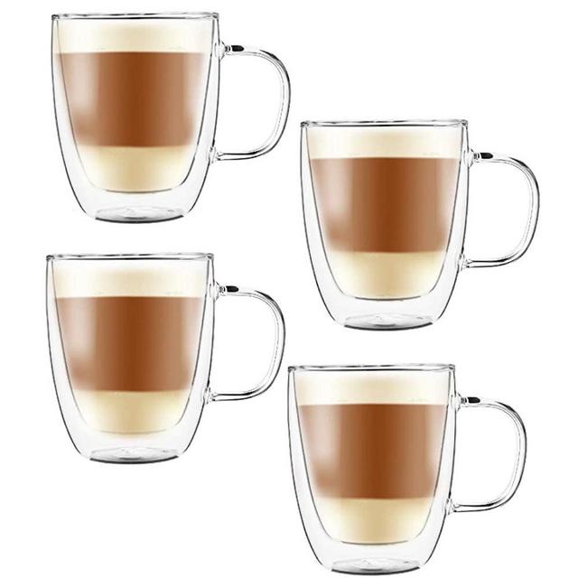 AMEDY'S Set Of 4 Insulated Double Wall Glasses With Handles – Durable 12 Oz (355 ml) Coffee Glasses | Tea Cups | Latte Mugs | Americano Glass | Cappuccino Cup | Coffee Mugs Set of 4 | Tea Cup Set