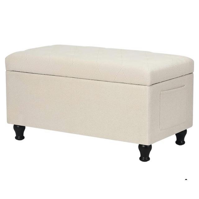 Homebeez 32 Inch Linen Storage Ottoman Bench with Side Storage Pockets, Rectangle Foot Rest Stool for End of Bed, Bedroom, Living Room, Entryway, Beige