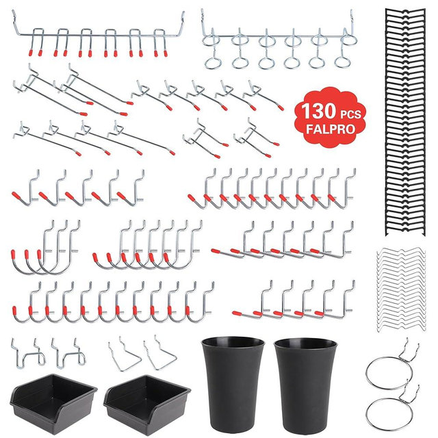 FALPRO 130PCS Pegboard Hooks Assortment - Peg board Hooks for Hanging Tools with Pegboard Bins & Cups,1/8-Inch Pegboard Wall Organizer - Ideal for Organizing in the Garage Kitchen Workbench Craft Room