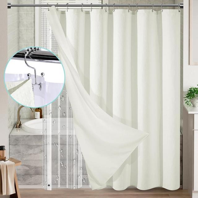 Vipfree 3 in 1 Shower Curtain Set, Waffle Shower Curtain and Liner Set with 12 Double Sided Shower Curtain Hooks, 258GSM Luxury Weighted Cloth Shower Curtains for Bathroom, 72 W x 72 H, Cream